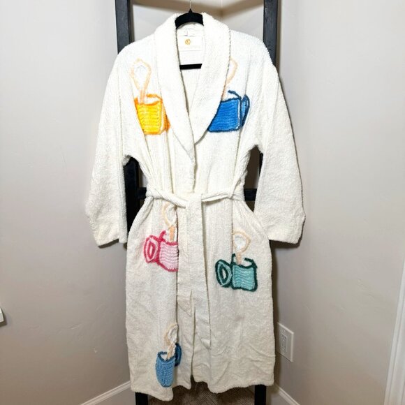 stan herman Other - Vintage Stan Herman White Chenille Robe — Colorful Coffee Cups - VINTAGE
